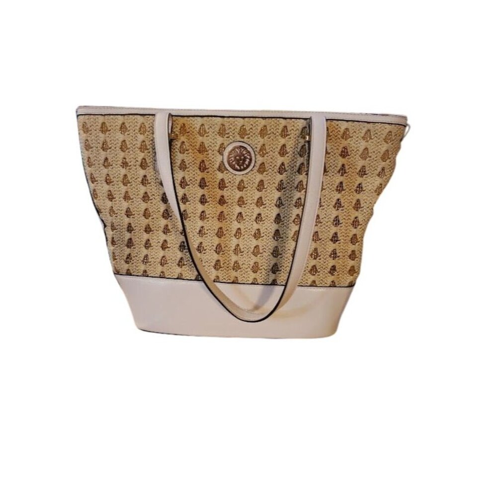 Anne Klein Woven Tote Bag Beige & White With Polka Dot Lining Magnetic Closure